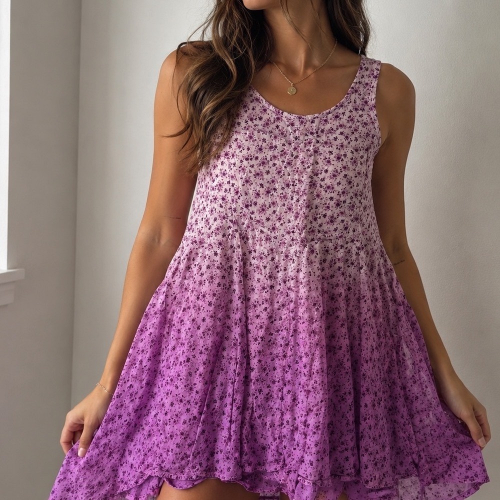 Entro Purple Ombre Floral Mini Dress Sleeveless Boho Summer Trapeze L  dd
